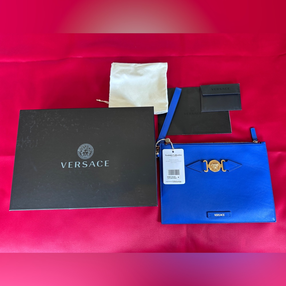 Versace Royal Blue Clutch with Gold Detail